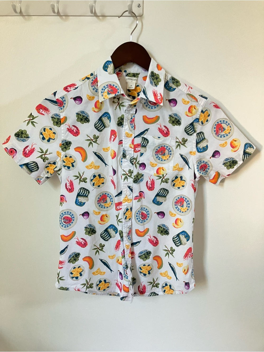 Crewcuts by J.Crew Boys Short Sleeve Shirt Seafood & Fruit Print Sz 12 GUC